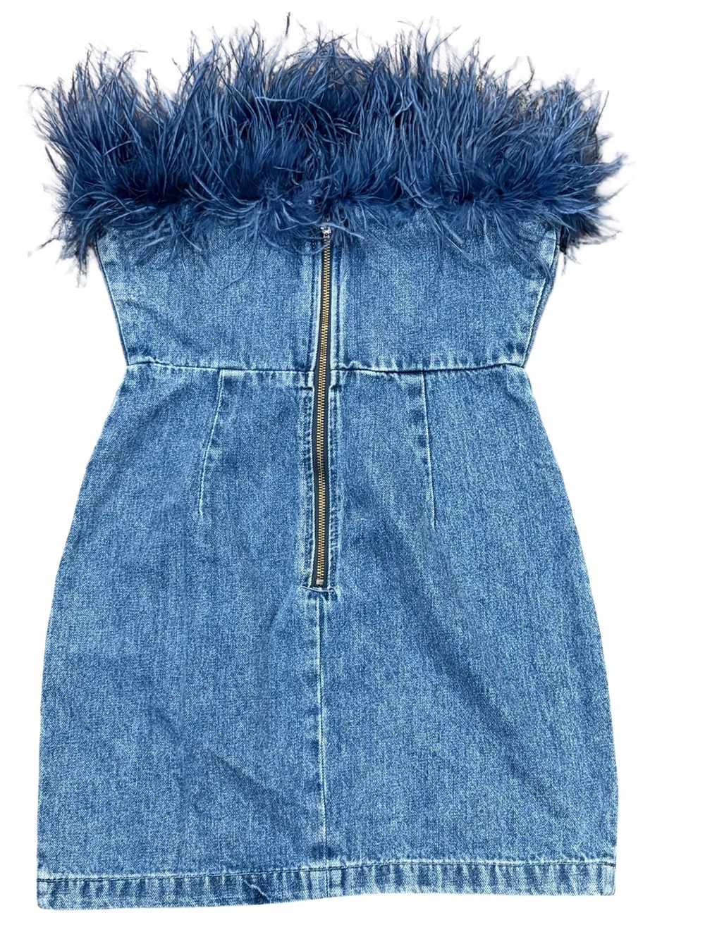 Amanda Uprichard Eleni Denim Strapless Mini Dress with Feather Trim Size Small - Picture 4 of 6